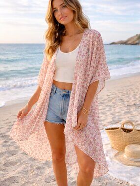 American Eagle Floral Kimono Cover Up Beige Pink Ditsy Print Sheer Boho L/XL